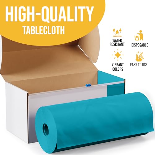 Image of Exquisite Party Solids 54 Inch X 300 Feet Turquoise Plastic Table Cover Roll in A Cut - to - Size Box with Convenient Slide Cutter. Cuts Up to 36 Rectangle 8 Feet Plastic Disposable Tablecloths