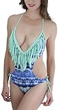 ToBeInStyle Women's Blue Tie Dye Mint Fringe Plunge V Monokini Waist Ties - S