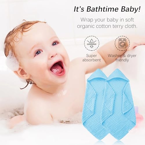 Image of SWEET DOLPHIN Muslin Hooded Baby Bath Towels - 2 Pack 100% Cotton Towel for Babies, Infants, Toddlers - 32x32Inch - Highly Absorbent and Newborn Essential, Blue