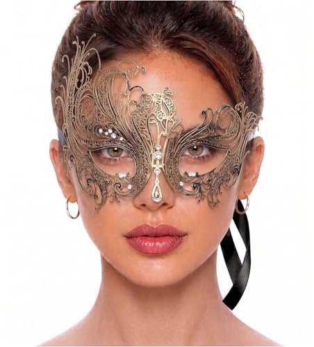 Image of Metal Filigree Masquerade Mask for Women - Swan Style Mask with Rhinestones for Mardi Gras, Prom, Halloween & Venetian Party