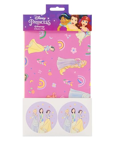 Brittiska hälsningar | Disney Princess multipack med omslagspapper och etiketter för henne/flicka | presentförpacknings set | födelsedagar/bröllop/mors dag | rosa & lila design | 2-pack | 49 x 69 cm