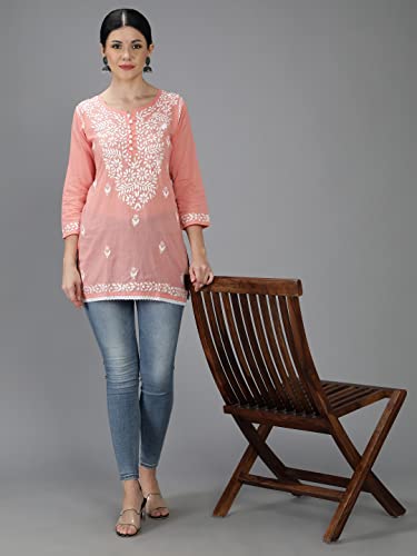 Image of Seva Chikan Hand Embroidered Lucknowi Chikankari Cotton Short Top Tunic for Women SCL9017
