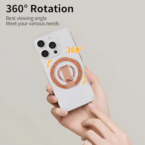 Phone Ring Grip, Magnetic Phone Ring Stand,Ultra Thin Phone Kickstand with Finger Loop, Phone Grip Holder for Mag Safe iPhone 16/15/14/13/12 Series (Rose Gold Diamond)