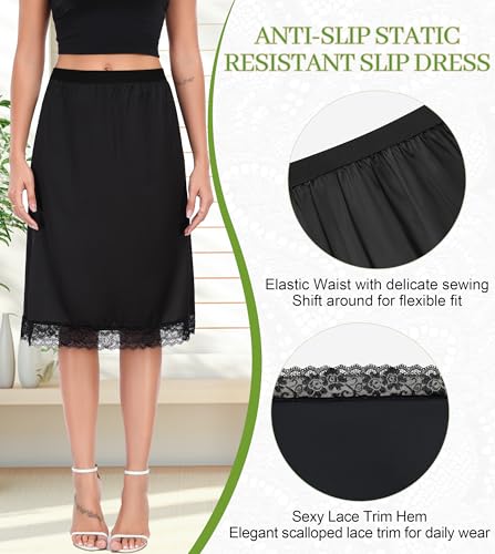 Image of Lovasy Women Satin Half Slips Lace Long Underskirt Anti Static Under Skirt Soft Slip Dress for Skirts Dresses S-3XL