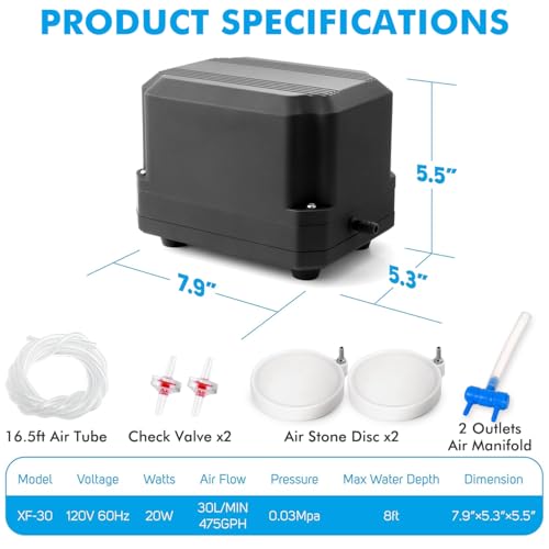 PONDFORSE Quiet Air Pump 475GPH 30L/MIN 20W 2 Outlets Ajustable Airflow for Aquariums, Fish Tanks, Hydroponic Systems - Thumbnail 3