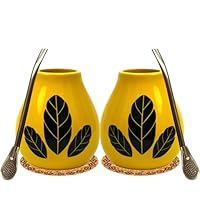 Yerba Mate-Tee Kalebasse Set für zwei ● 2x Mate tee becher HOJA 350ml ● Keramik mate tee tasse ● 2x Edelstahl trinkhalm Bombilla 19cm ● 2x Korkpad ● Ceramic mate-tee cup with Straw