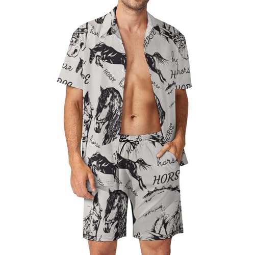 Ensemble 2 pièces homme imprimé chevaux avec chemise boutonnée et short de plage
