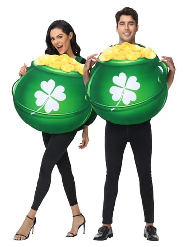 Seasons Adult Pot of Gold Costume, Novelty St. Patrick's Day Dress Up, Green Leprechaun Lucky Clover Outfit, One Size