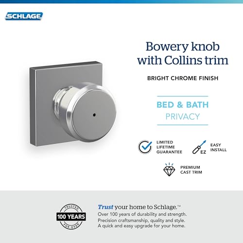 Image of Schlage F40 BWE 625 COL Bowery Knob with Collins Trim Bed & Bath Privacy Door Lock, Bright Chrome