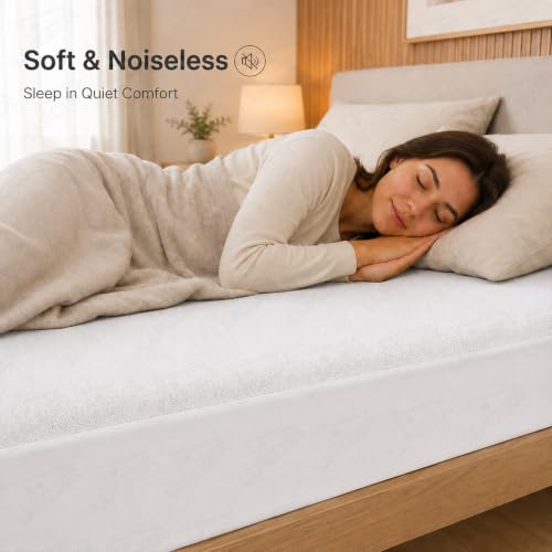 Image of Lukzer Waterproof Mattress Protector White Queen Size 72 x 60 Inches (6 x 5 ft) Ultra Soft Terry Cotton Feel Fabric with Elastic Skirting Hypoallergenic and Breathable Mattress Cover