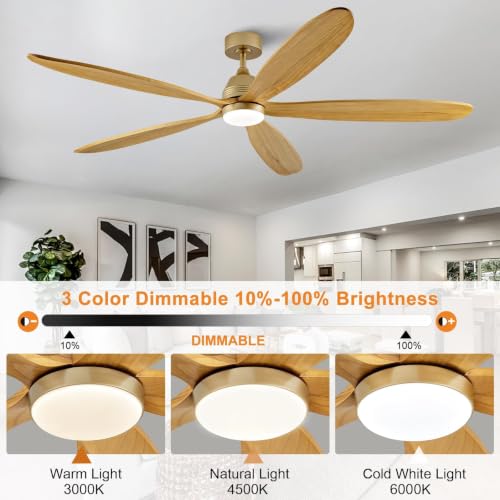 KENSID 72 Inch Ceiling Fans with Lights and Remote Control, Large Outdoor Ceiling Fan with Light, Dimmable, High CFM, Wall Switch, Quiet 5 Blades Wood Ceiling Fan for Patio Gazebo(Gold by KENSID - Used condition - Image 4