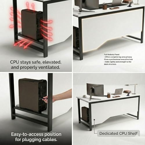 Image of Executive Director Desk | Office Table | Manager Cabin Work Desk with Modesty Panel & Cable Grommet | Sturdy Metal Frame | White Top & Black Base | DIY Installation.