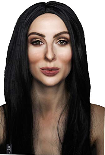 70 s Cher 32  Extra Long Black Straight Wig Women Witch Morticia Costume Halloween Wigs
