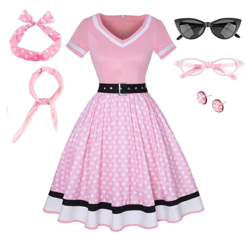 maxToonrain Déguisement pour adultes drôle, robes pour femmes, robe de cocktail vintage à pois, costumes d'Halloween pour femmes (pois roses, XL)