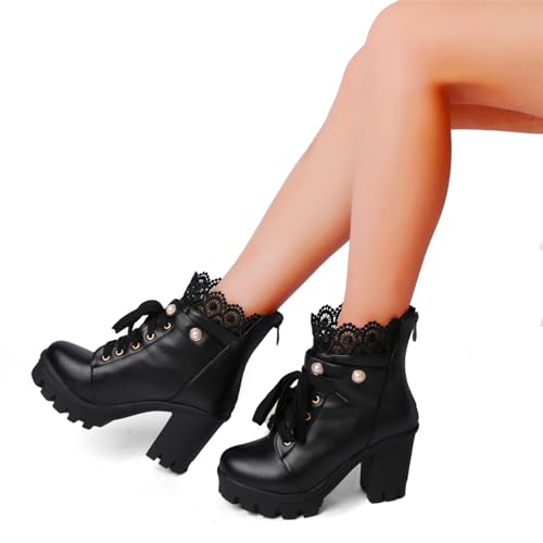 Platform Boots For Women Black Chunky Boot Goth Ankle Booties Bead Lace Lolita Dress Shoes With Zipper4