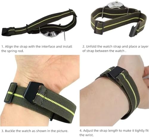 Nylon Elastic Watch Straps, Military, Parachute, Replacement Fabric Strap with Hook, Buckle, Black/Silver, for Men and Women, 10 Colours, 3 Sizes 18/20/22 mm