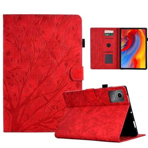 Étui en cuir Lenovo TB336FU TB336ZU rouge avec rabat robuste motif arbre