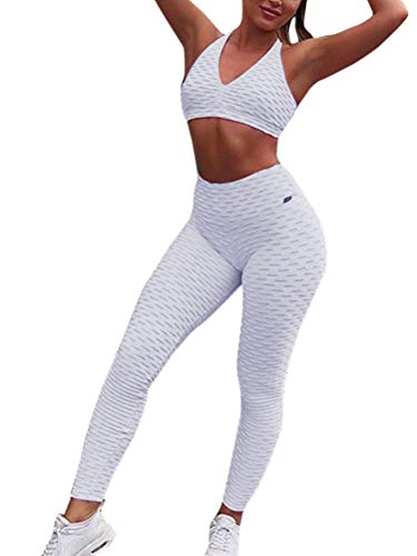 ORANDESIGNE Conjunto de Deporte para Mujer de 2 Piezas, chándal de Verano, Top Push up y Slim Fit Pantalones Cortos de Deporte, elástico, elástico, Fitness, Jogging, Yoga E Blanco XS