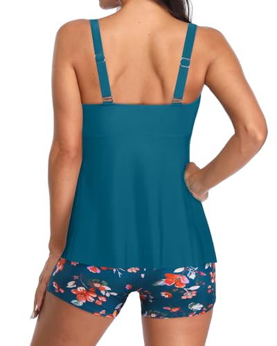Image of Yonique Women 2 Piece Flowy Tankini Swimsuits with Boyshorts V Neck Swim Tank Tops Bathing Suits Modest Swimwear