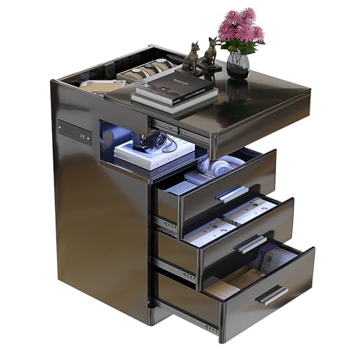 Treocho Led Nightstand with Hidden Space, Modern Night Stand with Charging Station, 3 Drawer Smart Nightstand with Glossy Finish, Tall Bedside Table with RGB Lights for Bedroom, Black