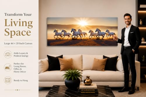 Image of 7 Horse Vastu Sunrise Canvas Painting | Positive Energy Wall Decor | Big Size Premium Running Horses Artwork for Home, Office & Hall Decoration (Modern, Golden Horse, 44x20 Inch)