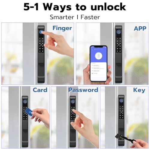 Image of Sliding Glass Door Lock, Dhiedas Sliding Door Smart Lock with Fingerprint RFID Keypad Bluetooth App Electronic Digital Biometric Safety Patio Door Double Hook Slim Mortise Lock Set with Handle