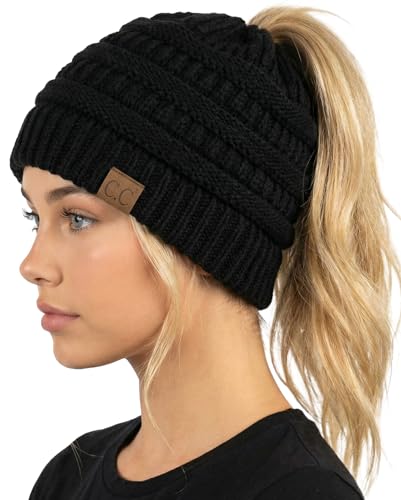 Funky Junque Ponytail Beanie for Women – Winter Hat with Soft Stretch Cable Knit Design, High Pony Messy Bun Hats for Running and Cold Weather Activities - Black