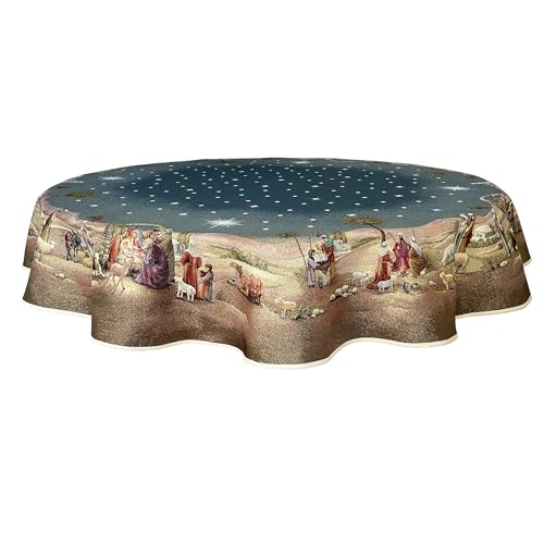 GOBEMÓN Manteles Jacquard Navidad, Hecho en España, Redondo 165 cm (Misterio de Navidad con Reyes Magos) Lurex Dorado