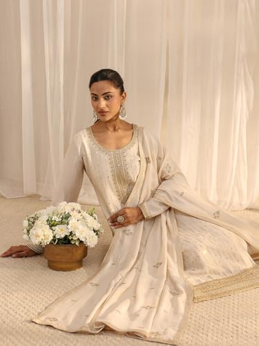 Image of Libas Womens Embellished Silk Blend Straight Kurta With Palazzos and Dupatta