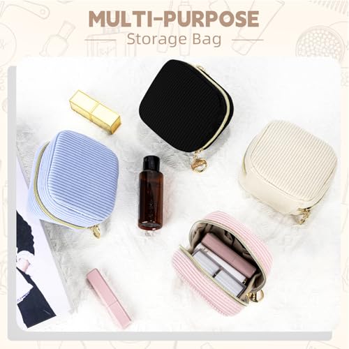 2 Pack Small Makeup Bag for Purse, Corduroy Mini Cosmetic Pouch with Ring Buckle & 4 Inner Pockets, Portable Travel Makeup Pouch for Lipsticks, Coins, Earphone (Black+Beige)4