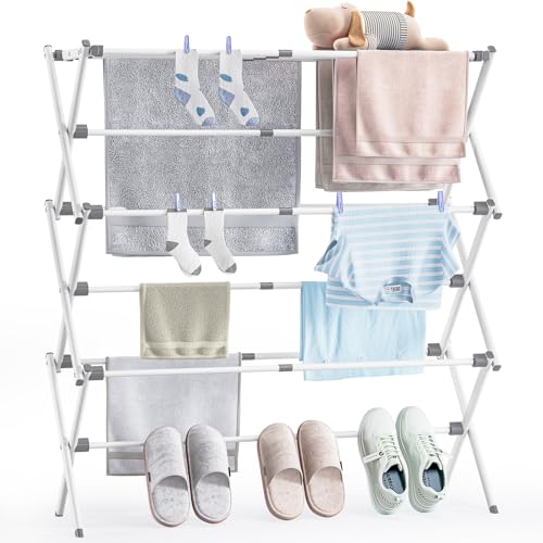 APEXCHASER Clothes Drying Rack, Foldable & Extendable Laundry Rack with Adjustable Size (14.57in-35.43inW), Space-Saving, Rust-Resistant Frame & Floor Protection for Indoor/Outdoor Use, White by APEXCHASER - Used condition - US$25.37