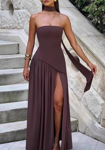 Famnbro Womens Tube Dress Strapless Sexy Off Shoulder Side Slit Going Out Casual Elegant Club Party Maxi Dresses2