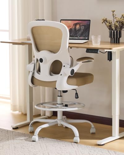 Image of Karl home Ergonomic Drafting Chair, Khaki | Lumbar Support, Flip-Up Armrests, Adjustable Height Footrest Ring, Breathable Mesh, Tall Swivel