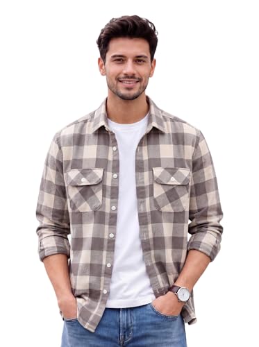 Image of Amazon Brand - INKAST Men's Cotton Blend Button Down Shirt || Long Sleeve Casual Flannel Check Shirt || Soft Breathable Lightweight Collared Shirts with Two Flap Chest Pockets || Stylish Everyday Wear