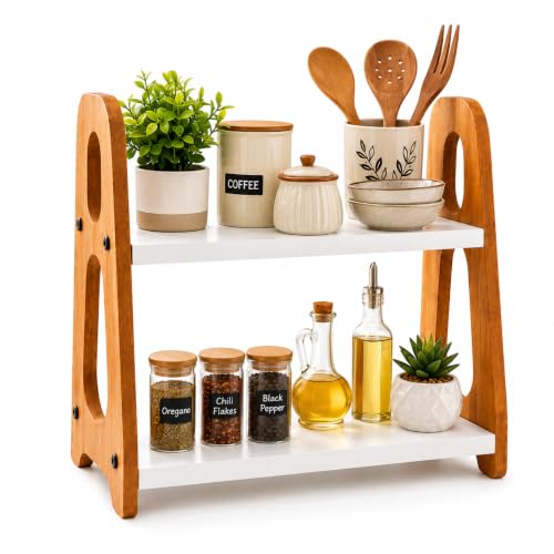 Image of 2 Tier Wooden Spice Rack Organizer for Kitchen Counter | Multipurpose Coffee Station Organizer Shelf | Countertop Storage Rack for Spices, Cups, Jars & Home Decor