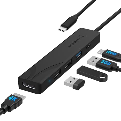 SABRENT USB-C Hub 5-in-1 with 4K HDMI, 100W PD Charging (Input Only), 1x USB 3.0, 2X USB 2.0 – No Data on USB-C Port – Compatible with MacBook, Windows, Linux (HB-TC5P)