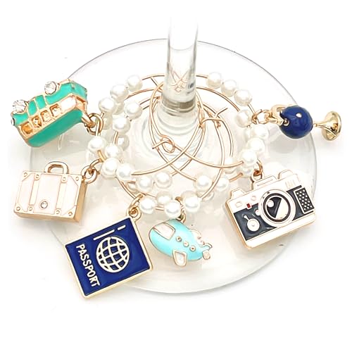 Serendipity Travel Themed Wine Glass Charms, Gift for World Traveler, Adventurer, Explorer, World Traveling, Set of 6 in Gif Box