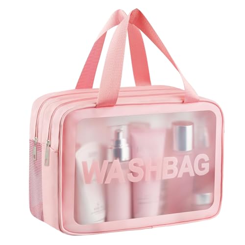 Image of Clear Toiletry Bag, Wet Dry Separation PVC Makeup Cosmetic Bag, Large Capacity PVC Wash Bags with Handles for Women Girls Pink