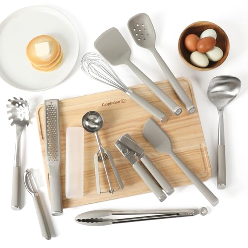 Image of Calphalon Edge 11-Piece Silicone and Stainless Steel Kitchen Tool Set, Kitchen Utensil Set, Heat Resistant Nonstick Safe Kitchen Gadgets with Non-Slip Handle, Durable Kitchen Gadgets (Taupe)