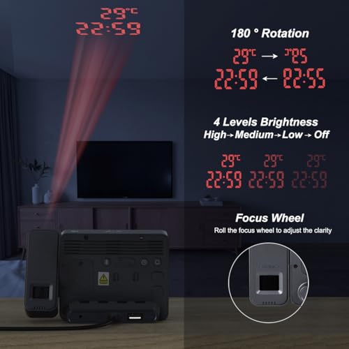 Miniatura 4 de Pasivole Reloj De Proyección Digital Con Ajuste De Enfoque Para Dormitorio - Proyector Giratorio De 180 , Sincro De Hora Por Bluetooth, Alarmas Dobles, Fecha, Temperatura, Atenuador 4 Niveles, Snooze