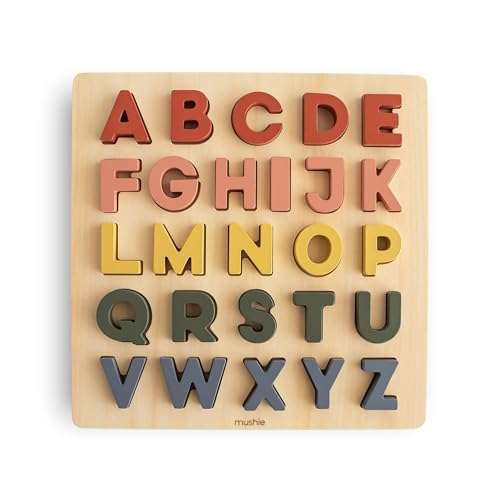 mushie Wooden Alphabet Puzzle | for Kids 3 Years+ | Preschool Educational Montessori Toys (26 pcs)