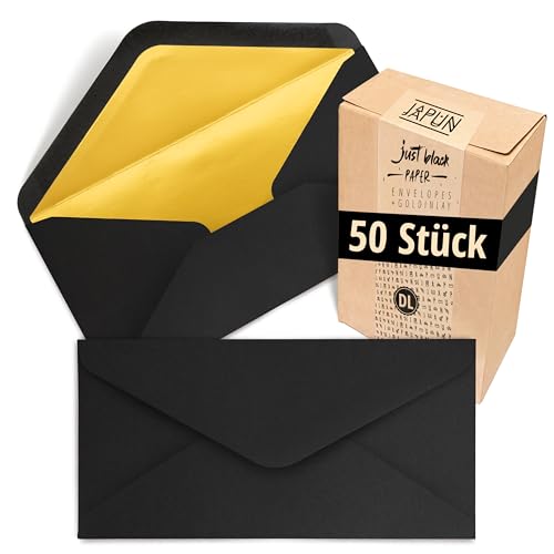 Japun – Briefumschläge (50 Stück), Kuvert, Umschlag ohne Fenster - DIN lang - 220 x 110 mm - innen: Gold - Papier-Farbe: schwarz