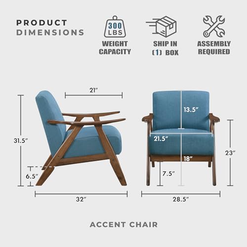 Lexicon Mid Century Modern Accent Chair with Solid Wood Frame in Walnut Finish, Upholstered Living Room Lounge Arm Chair, Thick and Comfy Innerspring Seat Cushion, Linen-Look Fabric, Blue - Image 4