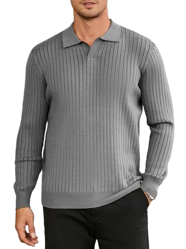 Hardaddy Men's Ribbed Knit Sweater Casual Long Sleeve Polo Sweater Collared V Neck Polo Shirts Solid Pullover Tops Gray XL
