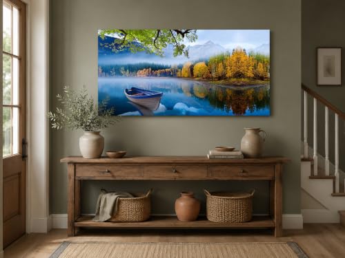 Image of Arjun Lake Canvas Wall Art Blue Mountain Sky Nature Landscape Picture Boat Artwork Modern Scenic Painting Framed Large for Living Room Bedroom Bathroom Dinning Room Home Office Wall Decor 40 inchx20 inch | Wall Art for Living Room Picture Bedroom Nature Mountain Artwork Modern Nature Scenery Home Office Dining Room Wall Decor