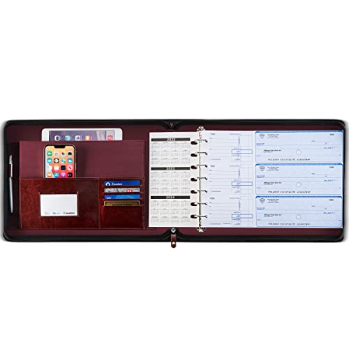 Image of Inkline Deluxe 7 Ring Check Binder Portfolio -Professional PU Leather Binder with Zippered Closure -500 Check Capacity -9x13 Sheets -Doc & Card Organizer - Large Pockets - Mahogany Brown (80014)