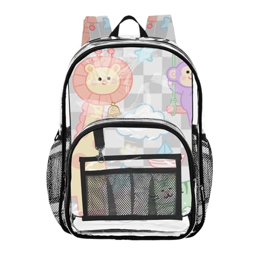 Funny Giraffe Monkey Checkered Gray White School Backpack Clear Clear Book Bag For Teens See Through PVC Bags