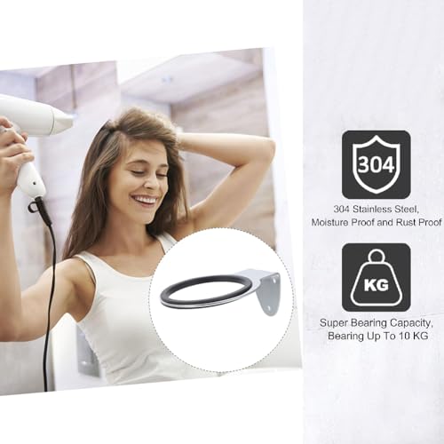 Image of Stainless Steel Hair Dryer Holder, Wall Mount, Silver | Drill-Mounted Blow Dryer Rack With Protective Ring For Compatible Hair Dryers In Bathrooms, Cabinets, Salons And Barbershops
