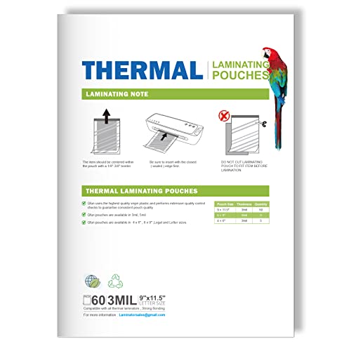 Thermal Laminating Sheets, 3 Mil Glossy Laminate Pouches 9" X 11.5" Letter Size Lamination Film To Preserve Photos Crafts Education Supplies For Use With Laminators, 60 Pack Clear Laminated Sheets #TOP3