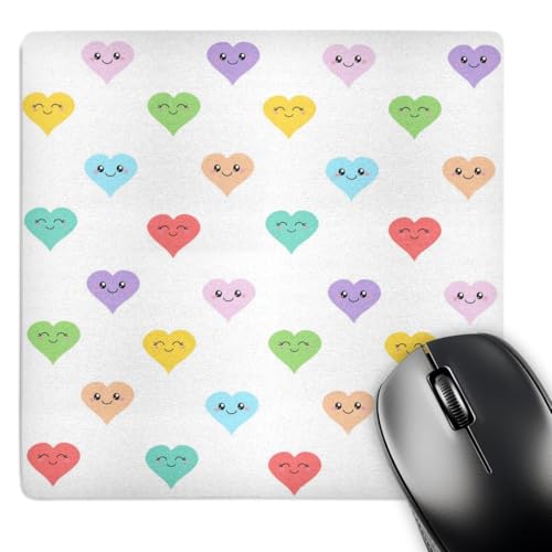 3dRose LLC 8 X 8 X 0.25 Inches Mouse Pad, Cute Colorful Smiley Hearts on White, Rainbow Kawaii Smiling Love Heart Pattern, Sweet Happy Girly (Mp_113048_1)